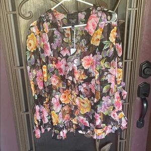 Johnny Was Black Sheer Floral Ruffle Blouse with Pink & Yellow Flowers
